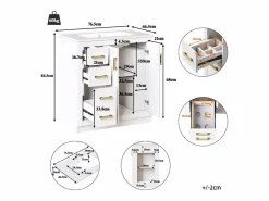 Merax 2 Muebles de baño de cerámica - 76,5 x 46,5 x 84,5 cm - con 3 cajones + estante lateral + 2 puertas - MDF - Blanco Clearance