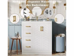 Merax 2 Muebles de baño de cerámica - 76,5 x 46,5 x 84,5 cm - con 3 cajones + estante lateral + 2 puertas - MDF - Blanco Clearance