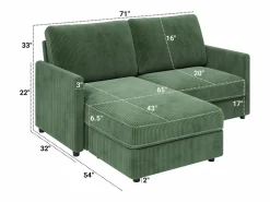 DripeX 2 -Seater Corner Sofa - ángulo reversible derecho / izquierda - 180x140x86cm - en tela de terciopelo acanalado - carga máxima de 300 kg - Verde Hot