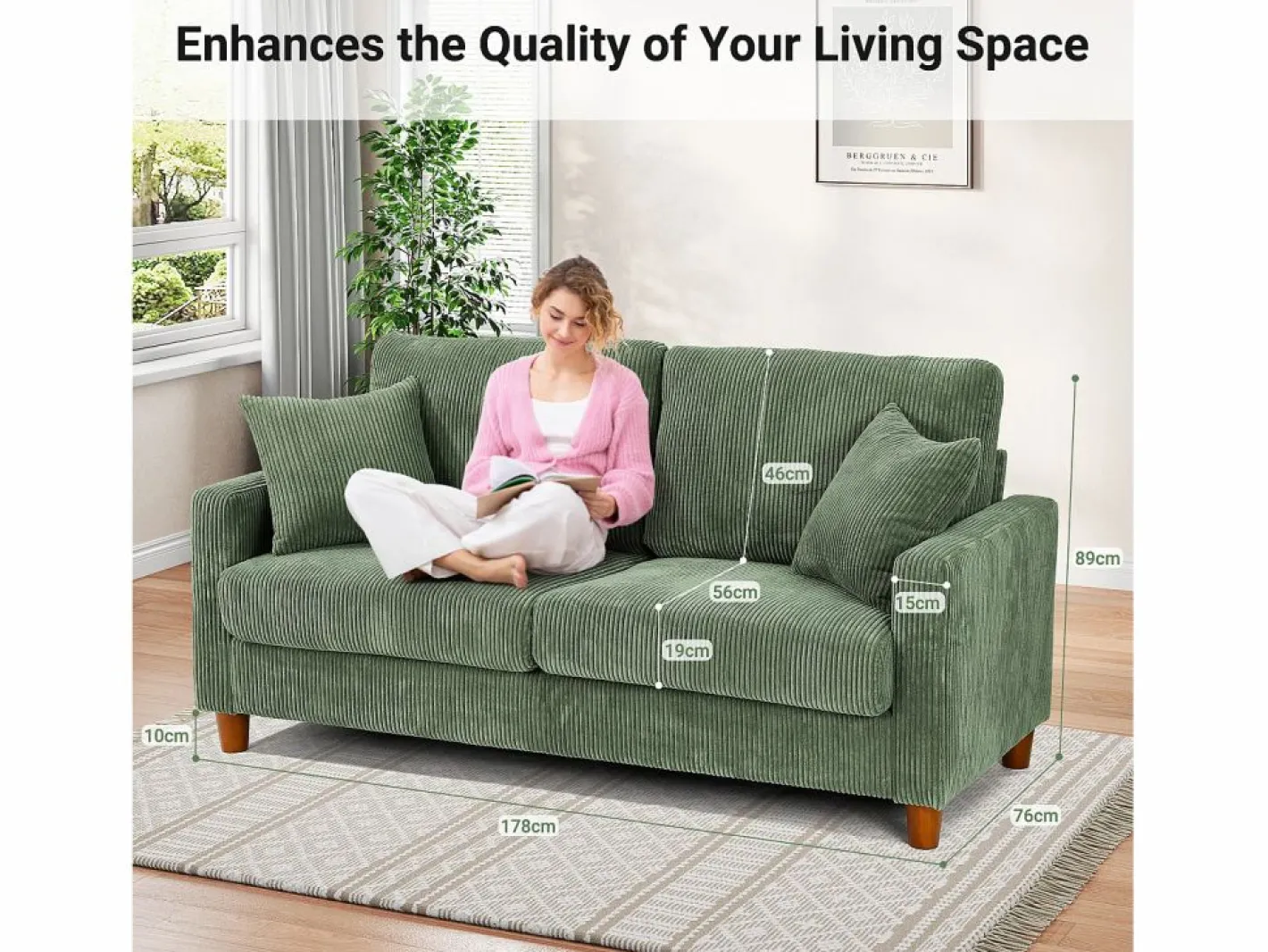 DripeX 2 -Sofá de terciopelo de 2 salas, con 2 cojines, 56 cm de asientos profundos, 178x76x89cm, Verde