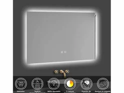 Aica Espejo de baño LED 80×60cm, antivaho, temperatura de tres colores regulable, función memoria Transparente Sale