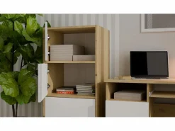 TOPESHOP ALMA - Cómoda alta de almacenamiento con 4 puertas con apertura tip-on - Artesanía y blanco Color natural oscuro Hot