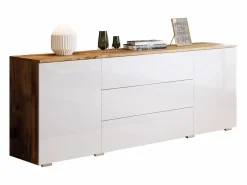 Cómoda|Aparador 150 cm para salón – moderno con cajones y puertas, cuerpo roble wotan mate y frentes blanco brillo