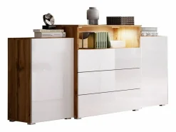 Aparador 150 cm para salón – moderno, de pie con 3 cajones, hueco y puertas laterales, cuerpo roble wotan mate y frentes blanco brillo^ Discount