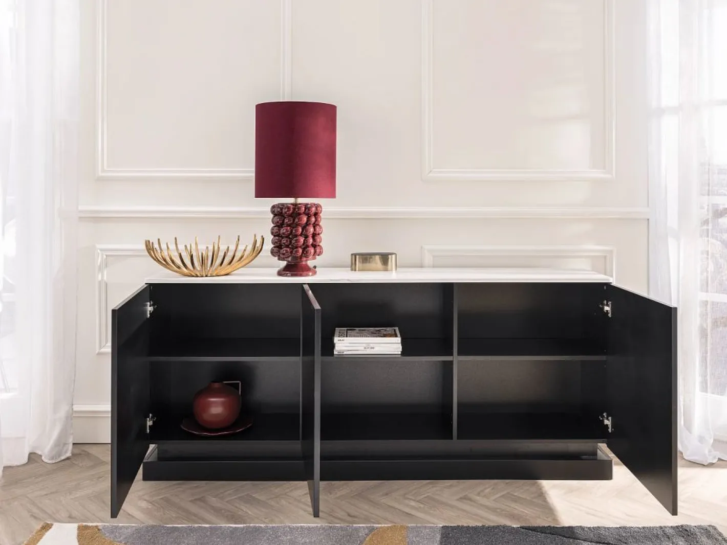 Vente-unique Aparador|Aparador 3 puertas con LEDs de MDF - Negro y efecto mármol blanco - DEVIKA de Pascal MORABITO