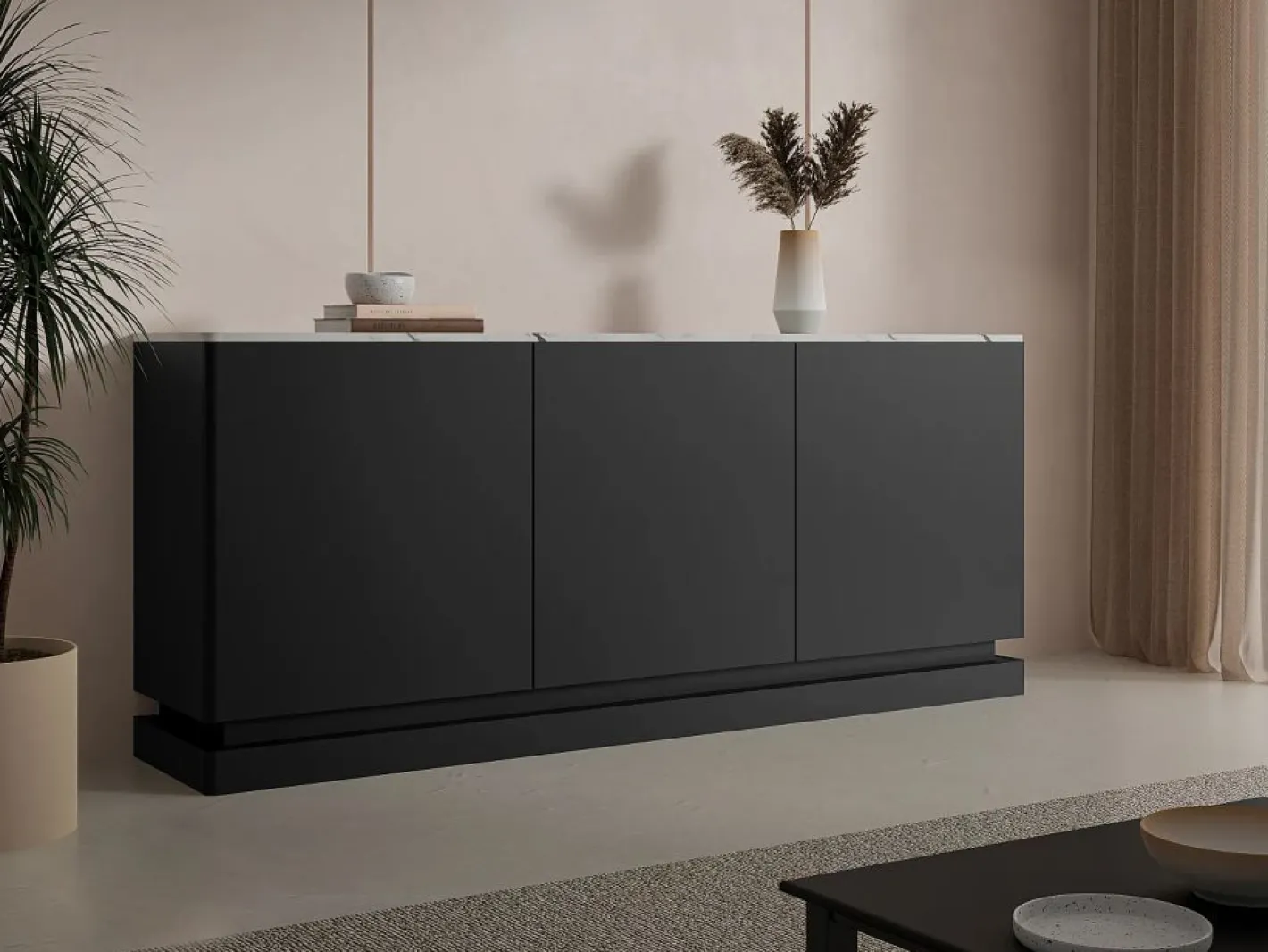 Vente-unique Aparador|Aparador 3 puertas con LEDs de MDF - Negro y efecto mármol blanco - DEVIKA de Pascal MORABITO