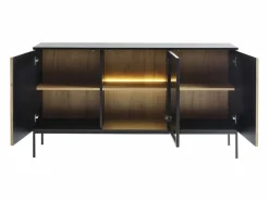 Vente-unique Aparador 3 puertas con luces LED en MDF y vidrio ahumado - Natural y Negro - OVILA Negro / Color natural claro Discount