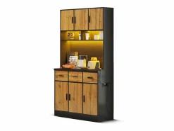 Merax Aparador alto con 6 puertas y 3 cajones - 100 x 40 x 180 cm - LED y puerto de carga - Madera MDF - Estantes regulables - Natural + negro Marru00f3n Clearance