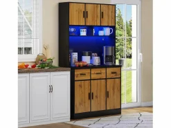 Merax Aparador alto con 6 puertas y 3 cajones - 100 x 40 x 180 cm - LED y puerto de carga - Madera MDF - Estantes regulables - Natural + negro Marru00f3n Clearance
