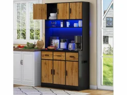 Merax Aparador alto con 6 puertas y 3 cajones - 100 x 40 x 180 cm - LED y puerto de carga - Madera MDF - Estantes regulables - Natural + negro Marru00f3n Clearance