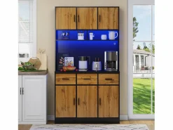 Merax Aparador alto con 6 puertas y 3 cajones - 100 x 40 x 180 cm - LED y puerto de carga - Madera MDF - Estantes regulables - Natural + negro Marru00f3n Clearance