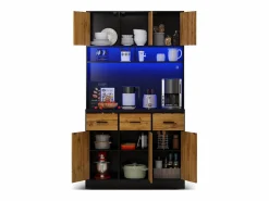 Merax Aparador alto con 6 puertas y 3 cajones - 100 x 40 x 180 cm - LED y puerto de carga - Madera MDF - Estantes regulables - Natural + negro Marru00f3n Clearance