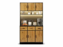 Merax Aparador alto con 6 puertas y 3 cajones - 100 x 40 x 180 cm - LED y puerto de carga - Madera MDF - Estantes regulables - Natural + negro Marru00f3n Clearance