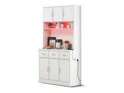 Merax Aparador De Cocina|Aparador alto con 6 puertas y 3 cajones - 100 x 40 x 180 cm - LED y puerto de carga - Madera MDF - Estantes regulables -