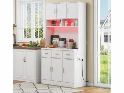 Merax Aparador De Cocina|Aparador alto con 6 puertas y 3 cajones - 100 x 40 x 180 cm - LED y puerto de carga - Madera MDF - Estantes regulables -