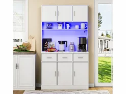Merax Aparador De Cocina|Aparador alto con 6 puertas y 3 cajones - 100 x 40 x 180 cm - LED y puerto de carga - Madera MDF - Estantes regulables -