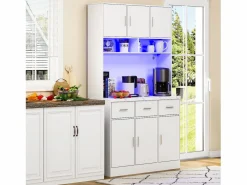 Merax Aparador De Cocina|Aparador alto con 6 puertas y 3 cajones - 100 x 40 x 180 cm - LED y puerto de carga - Madera MDF - Estantes regulables -
