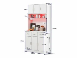 Merax Aparador De Cocina|Aparador alto con 6 puertas y 3 cajones - 100 x 40 x 180 cm - LED y puerto de carga - Madera MDF - Estantes regulables -