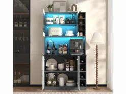 Aparador alto de cocina - 100 x 47 x 187 cm - con luces LED + 4 puertas + estantes ajustables - MDF + Acrílico -^Merax Best