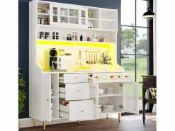 Aparador alto de cocina - 145 x 39 x 171 cm - con LEDs + botellero + puertas de cristal + 3 cajones - cristal + MDF -^Merax Online