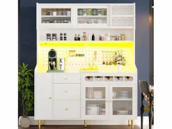 Aparador alto de cocina - 145 x 39 x 171 cm - con LEDs + botellero + puertas de cristal + 3 cajones - cristal + MDF -^Merax Online