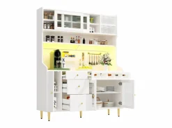 Aparador alto de cocina - 145 x 39 x 171 cm - con LEDs + botellero + puertas de cristal + 3 cajones - cristal + MDF -^Merax Online