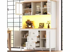 Merax Aparador alto de cocina - 120 x 40 x 179 cm - con LEDs + 4 puertas + 3 cajones + balda - MDF + metal - Blanco Discount