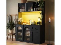 Merax Aparador alto de cocina - 120 x 35 x 167 cm - con estantes regulables + 3 puertas + 1 cajón + LED - MDF + PB - Negro Clearance