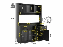 Merax Aparador alto de cocina - 120 x 35 x 167 cm - con estantes regulables + 3 puertas + 1 cajón + LED - MDF + PB - Negro Clearance