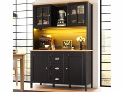 Merax Aparador De Cocina|Aparador alto de cocina - 120 x 40 x 179 cm - con LEDs + 4 puertas + 3 cajones + balda - MDF + metal -