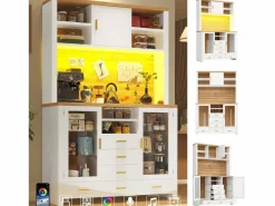 Merax Aparador alto de cocina - 120 x 40 x 188 cm - estilo rústico - con LED + 6 cajones + 3 puertas + estantes - MDF - Blanco Sale