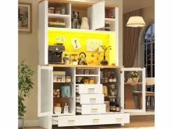 Merax Aparador alto de cocina - 120 x 40 x 188 cm - estilo rústico - con LED + 6 cajones + 3 puertas + estantes - MDF - Blanco Sale
