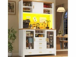 Merax Aparador alto de cocina - 120 x 40 x 188 cm - estilo rústico - con LED + 6 cajones + 3 puertas + estantes - MDF - Blanco Sale