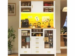 Merax Aparador alto de cocina - 120 x 40 x 188 cm - estilo rústico - con LED + 6 cajones + 3 puertas + estantes - MDF - Blanco Sale