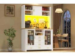 Merax Aparador alto de cocina - 120 x 40 x 188 cm - estilo rústico - con LED + 6 cajones + 3 puertas + estantes - MDF - Blanco Sale