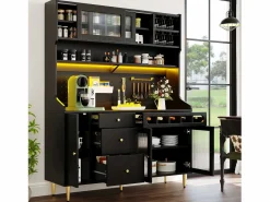 Merax Aparador alto de cocina - 145 x 39 x 171 cm - con LED + botellero + puertas de cristal + 3 cajones - cristal + MDF - Negro New