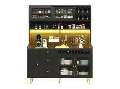 Merax Aparador alto de cocina - 145 x 39 x 171 cm - con LED + botellero + puertas de cristal + 3 cajones - cristal + MDF - Negro New