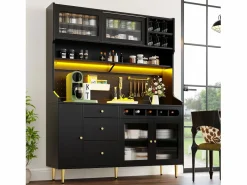 Merax Aparador alto de cocina - 145 x 39 x 171 cm - con LED + botellero + puertas de cristal + 3 cajones - cristal + MDF - Negro New