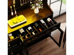 Merax Aparador alto de cocina - 145 x 39 x 171 cm - con LED + botellero + puertas de cristal + 3 cajones - cristal + MDF - Negro New