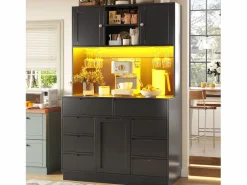 Aparador alto de cocina - 120 x 40 x 183,5 cm - con LED + USB + puertas magnéticas + 8 cajones - MDF -^Merax Discount