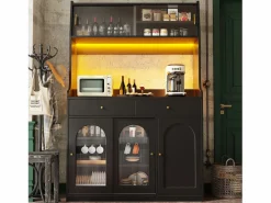 Aparador alto de cocina - 120 x 40 x 180 cm - con estantes regulables + 2 cajones + 3 puertas + LED - MDF + PB -^Merax Outlet