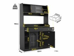 Aparador alto de cocina - 120 x 40 x 180 cm - con estantes regulables + 2 cajones + 3 puertas + LED - MDF + PB -^Merax Outlet