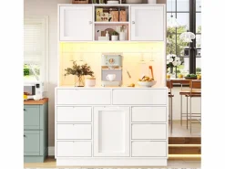 Merax Aparador De Cocina|Aparador alto de cocina - 120 x 40 x 183,5 cm - con LED + USB + puertas magnéticas + 8 cajones - MDF -