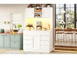 Merax Aparador De Cocina|Aparador alto de cocina - 120 x 40 x 183,5 cm - con LED + USB + puertas magnéticas + 8 cajones - MDF -