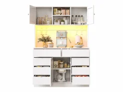 Merax Aparador De Cocina|Aparador alto de cocina - 120 x 40 x 183,5 cm - con LED + USB + puertas magnéticas + 8 cajones - MDF -