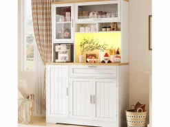 Merax Aparador alto de cocina - 104 x 40 x 180 cm - con LEDs + 4 puertas + 1 cajón + estante - MDF + metal - Blanco New