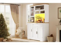 Merax Aparador alto de cocina - 104 x 40 x 180 cm - con LEDs + 4 puertas + 1 cajón + estante - MDF + metal - Blanco New