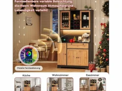 Merax Aparador De Cocina|Aparador alto de cocina - 105 x 40 x 180 cm - con cajón + 5 puertas + estantes + LED + enchufes - MDF - natural