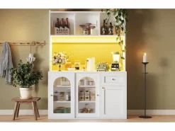 Merax Aparador De Cocina|Aparador alto de cocina - 120 x 35 x 167 cm - con estantes regulables + 3 puertas + 1 cajón + LED - MDF + PB -