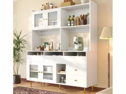 Merax Aparador De Cocina|Aparador alto de cocina - 145 x 39 x 171 cm - con 4 puertas de cristal + 5 cajones - MDF -